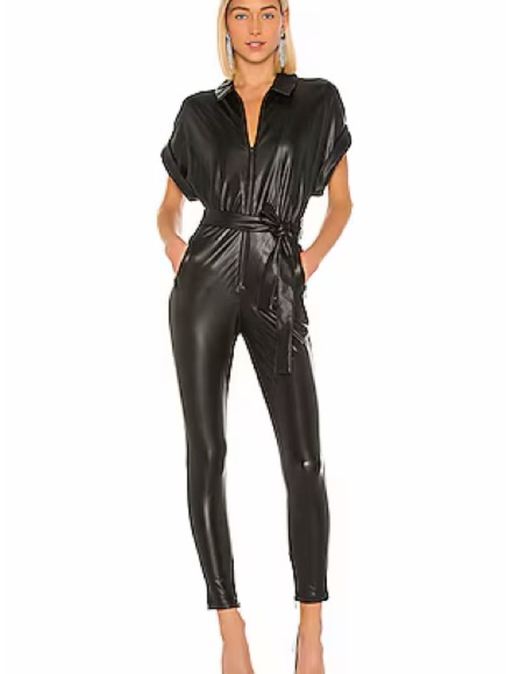 NBD Black Faux Leather Tie-Waist Jumpsuit
